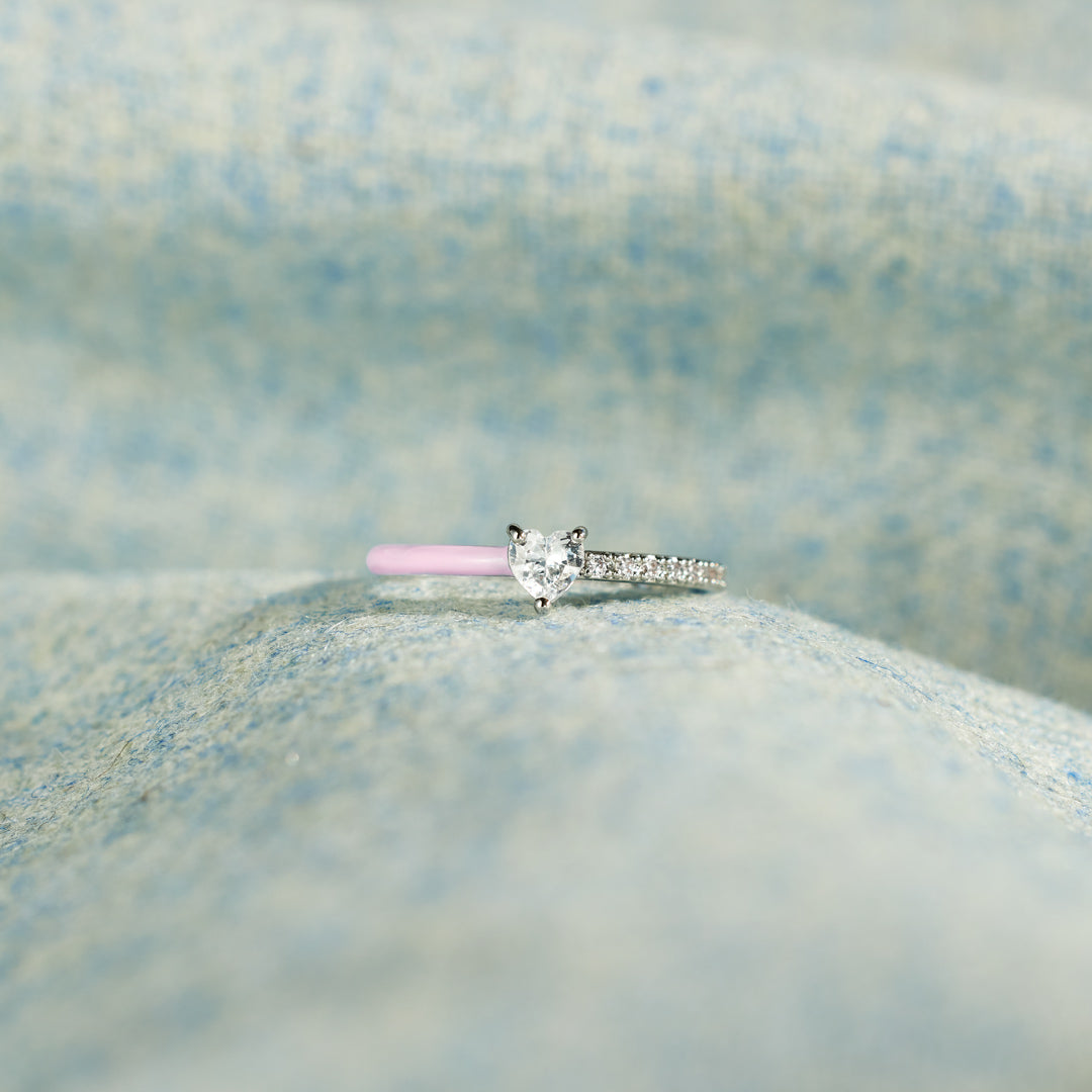 Breast Cancer Awareness Baby Pink Heart-Cut Half Enamel Ring