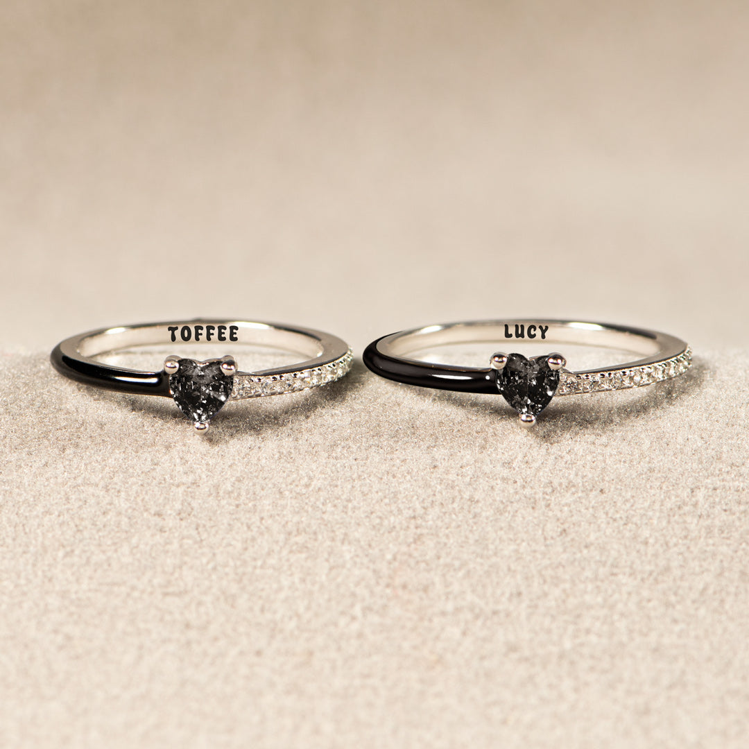Custom Black Engraved Pet Name Heart-Cut Half Enamel Ring