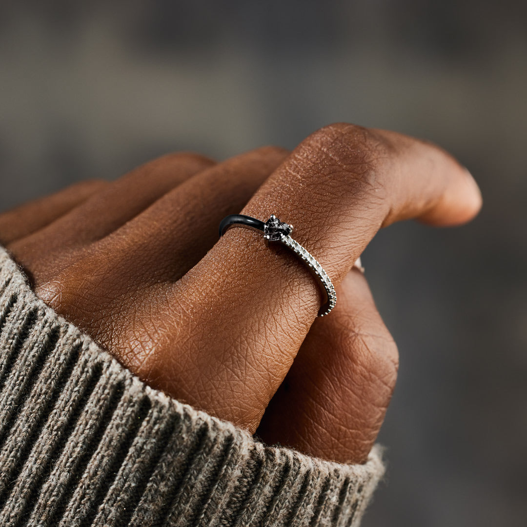 Custom Black Engraved Pet Name Heart-Cut Half Enamel Ring