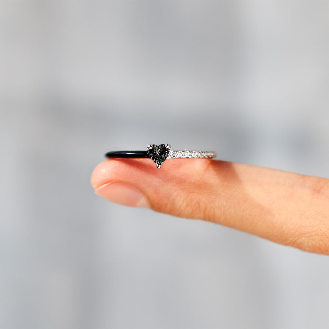 Custom Black Engraved Pet Name Heart-Cut Half Enamel Ring