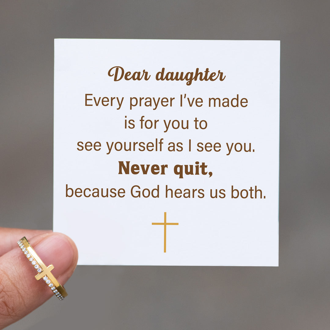 Never Quit Because God Hears Us Both Golden Cross Ring